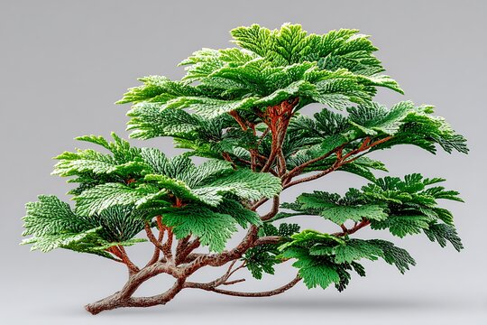 Green pine tree with red berries and brown roots on white background