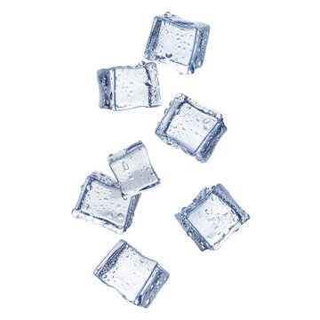 Ice cubes set with water droplets scattered in dynamic cooling composition, isolated on cutout transparent background