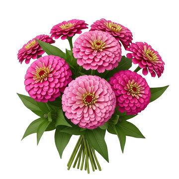 Fresh pink zinnia flower bouquet with lush green leaves and stems isolated on transparent background