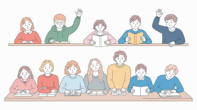 Students classroom learning, reading writing raising hands asking questions, school education environment, attentive pupils studying together indoors