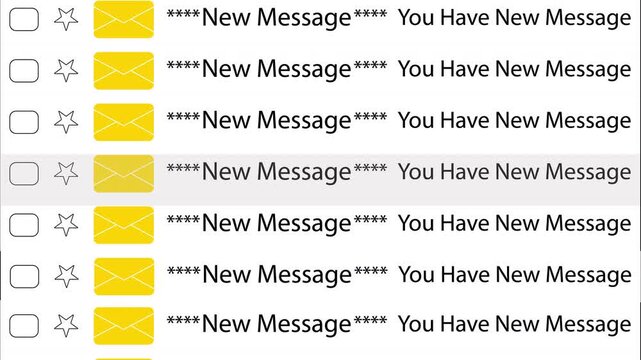 Minimalist, motion, graphic, animation, of, a, digital, email, inbox, interface, with, multiple, unread, messages, and, yellow, envelope, icons, on, white, background.
