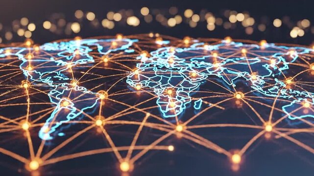 A video showcasing a glowing blue world map with connections on a dark background with city lights
