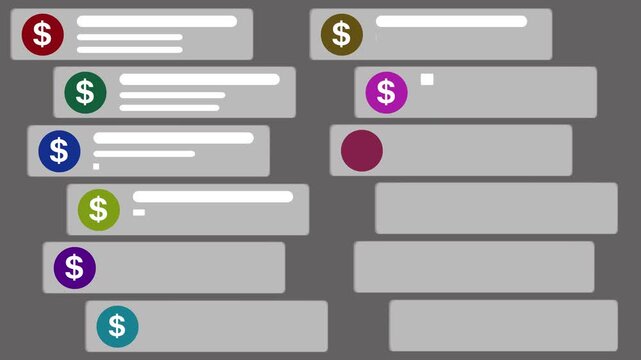 Set of colorful dollar sign notification bars and skeleton loader elements for financial app interfaces. Abstract UI wireframe design representing transaction history, bank alerts. 4k video