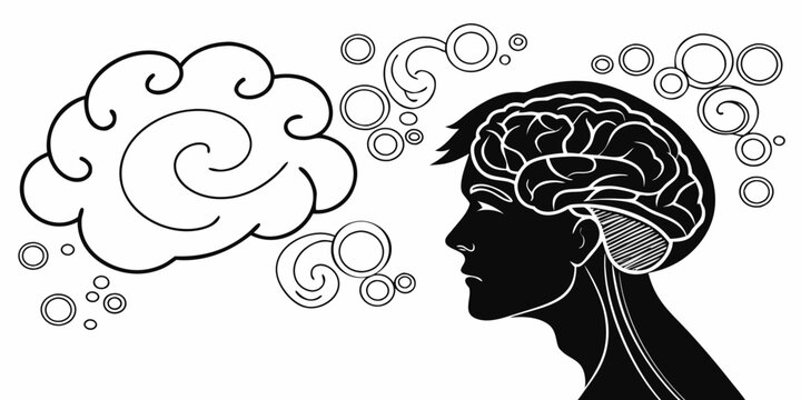 Profile silhouette of human head with brain and thought clouds silhouette thinking intelligence cognitive meditation reflection consciousness psychology intellect imagination abstract