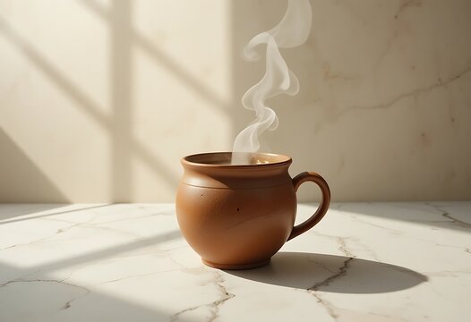 steaming hot coffee in terracotta mug with morning sunlight and cozy atmosphere. cafe de olla
