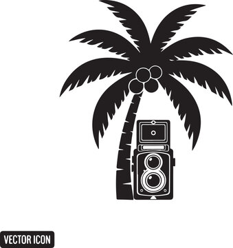 Black silhouette of a palm tree with coconuts and a vintage camera twin lens reflex camera de