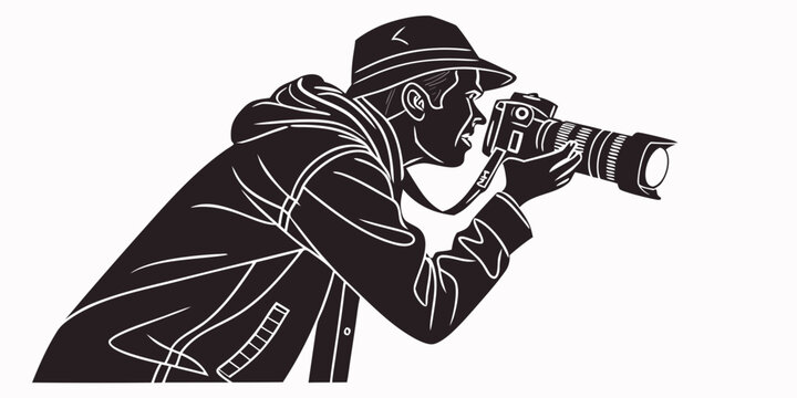 Detailed graphic illustration of a photographer using a digital camera with photographer photography professional shooting creative illustration isolated background observer cameraman