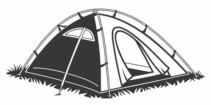 Camping tent isolated graphic in black and white style with outdoors adventure vacation wilderness illustration isolated activity woodland minimalist stylized campsite equipment traveling