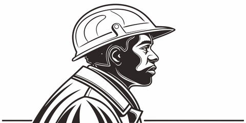 Side profile portrait of a construction worker wearing a safety hard hat black and white vector illustration with construction engineer portrait illustration minimalist professional industrial © Jannati
