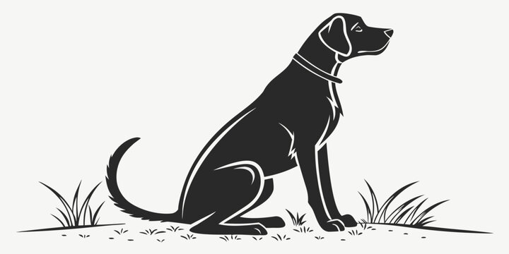 Simple silhouette graphic of a sitting dog in the grass with silhouette illustration minimalist faithful companion obedient watchful isolated creative domestic landscape wildlife artistic