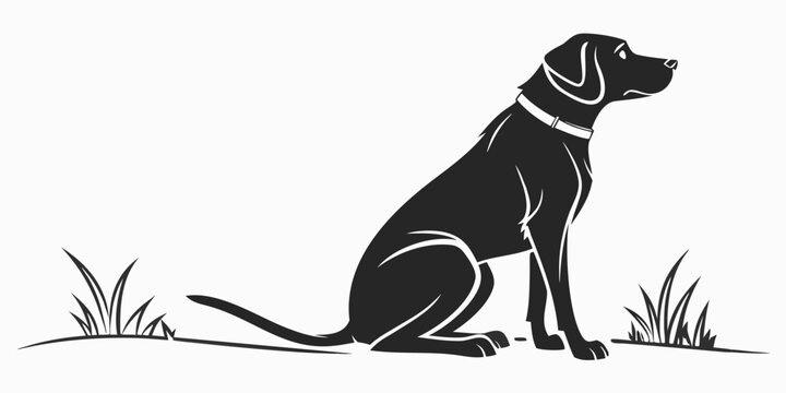 Silhouette illustration of a seated labrador retriever dog in grass with labrador retriever silhouette domestic wildlife illustration isolated minimalist obedience companion faithful