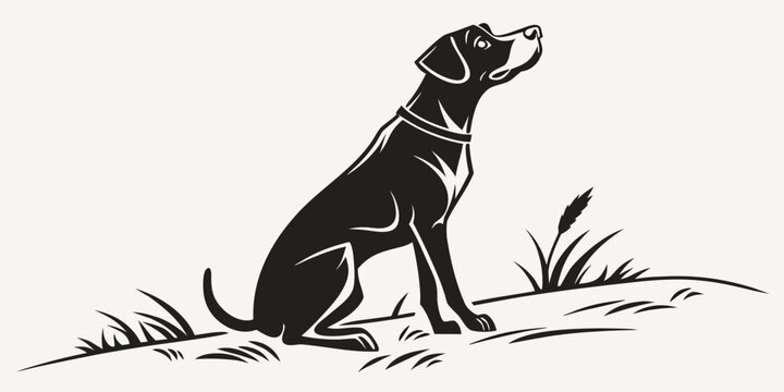 Graphic silhouette of a sitting dog looking up in the grass with silhouette illustration minimalist faithful companion obedient watchful standing isolated creative domestic landscape