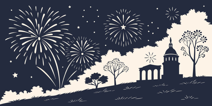 Night landscape scene with fireworks exploding over a domed building fireworks celebration building monument landscape explosions architecture illustration silhouette pyrotechnics landmark