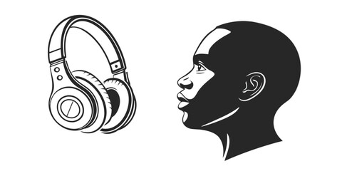 Black and white profile portrait of person looking at headphones with headphones silhouette listening technology thinking equipment electronics decision minimalist illustration entertainment © Jannati