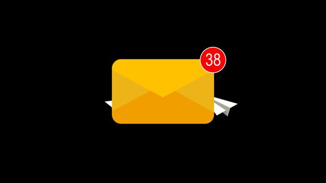 Animated, yellow, email, envelope, with, red, notification, badge, and, number, twenty, surrounded, by, flying, white, paper, planes, on, black, background.
