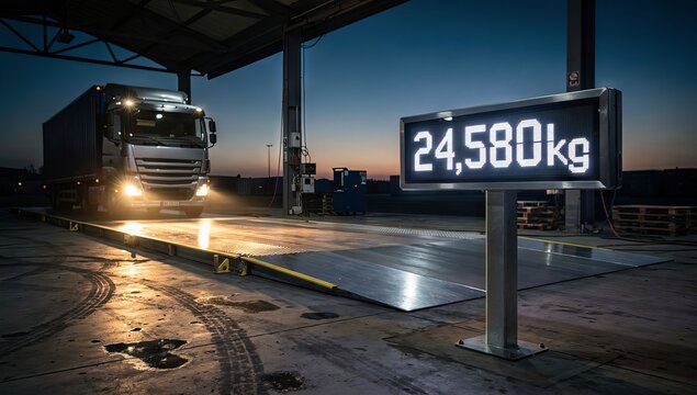 Truck being weighed on a large scale at dusk with digital display showing 24,580kg.