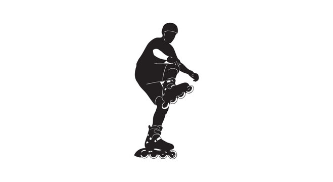 Silhouette of a person rollerblading, wearing a helmet and protective gear, performing a trick on one leg.