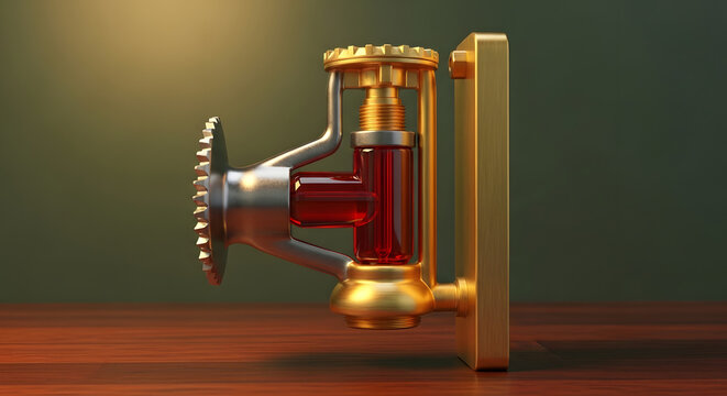 Gold Steam Engine on Wooden Table