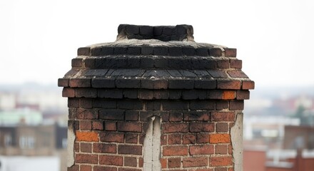 Naklejka premium Close-up of an old weathered brick chimney showcasing blackened soot and aged texture against a white background