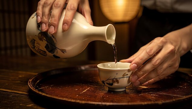 Close-up of hands pouring sake from a traditional ceramic tokkuri into a small choko cup.