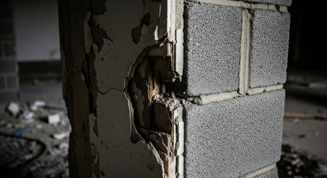 Damaged and weathered cinder block wall showing rough texture and crumbling plaster detail