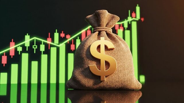 A video of a burlap sack with a gold dollar sign in front of a green stock market chart