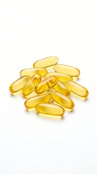 Group of yellow omega 3 fish oil capsules isolated on white background