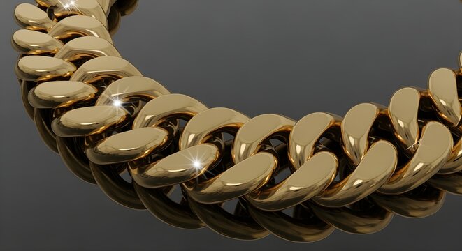 A creatively enhanced rephrasing of heavy gold cuban link chain with perfectly lit reflections and glossy shadows, depicted with richer detail and a more artistic presentation.