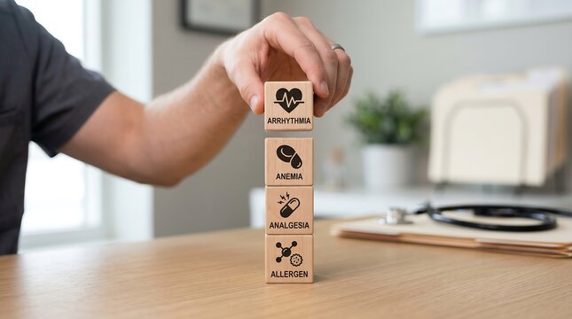 Person placing wooden blocks with medical terms on a table in a doctors office