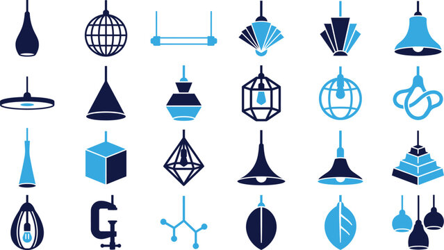Set of modern lighting fixtures chandelier pendant lamp ceiling light and bulb icons flat design.