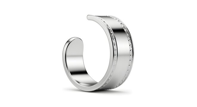 Silver ear cuff isolated on pure white background, realistic texture and shape, minimum shadows.
