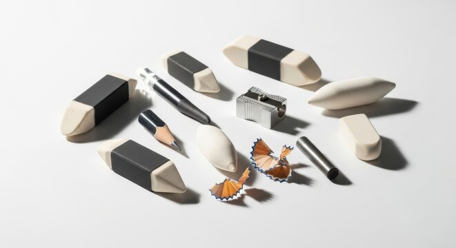 Art Erasers, Blending Stumps, and Pencil Sharpeners Scattered Artfully on a White Surface for Drawing and Sketching