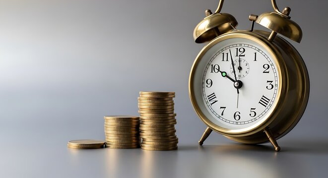 Gold Coins Stacked Next to Alarm Clock, Time is Money Concept