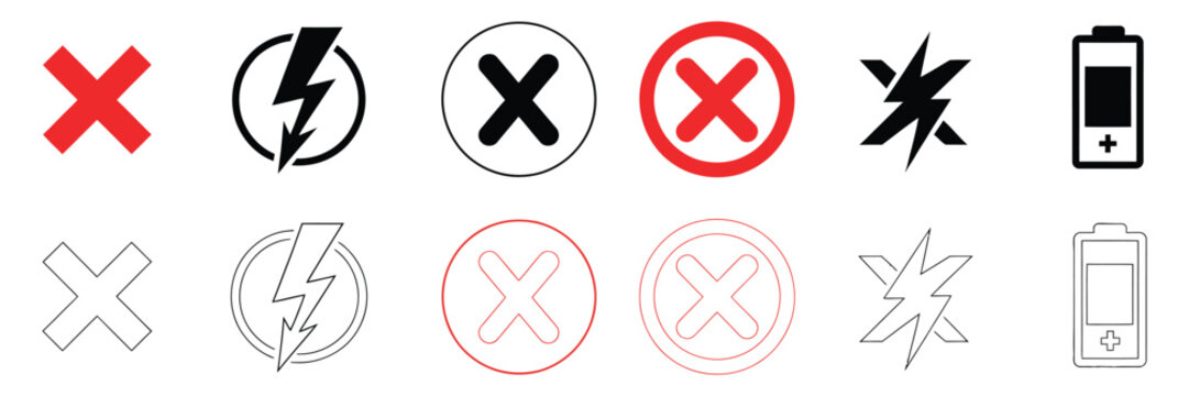 Set of no electricity and no battery signs, no battery icon collection, no lightning symbol ban, blackout icons, power outage warnings