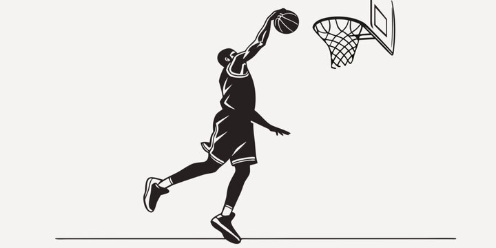 Basketball player jumping for a powerful dunk minimalist vector illustration basketball illustration silhouette minimalist competition training exercise strength professional isolated
