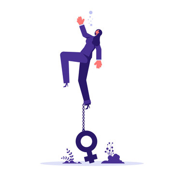 Business concept of discrimination with businesswoman, gender equality, businesswoman driven to the bottom of the water by a female symbol attached to her ankle