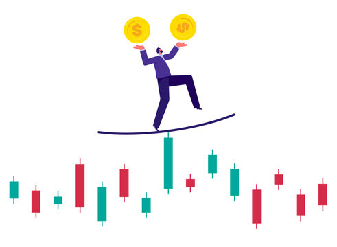 Balance or risk management on stock market concept, reduce of mistakes investment damage that may occur under uncertain circumstances, businessman tries to balance his capital in the stock market