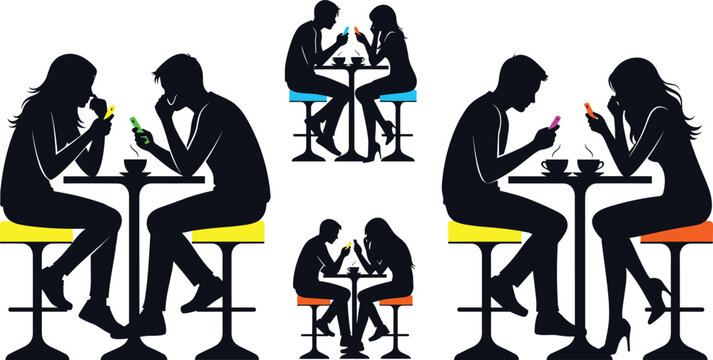 Couple Dining and Interacting Icons Set with Ice Cream, Coffee, and Conversation for Digital Media, Apps, and Websites