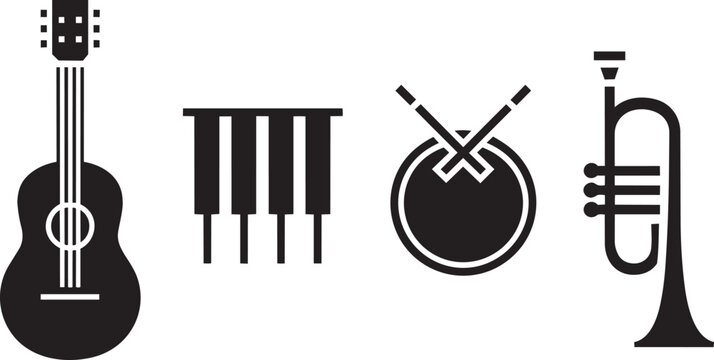 Musical instruments illustration featuring guitar piano drum and trumpet in a modern graphic