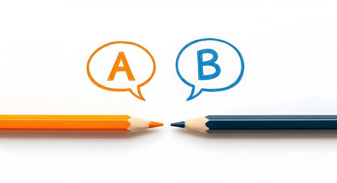 Conceptual illustration representing a comparative analysis or decision-making process between two distinct options, A and B, using colored pencils and speech bubbles on a clean white background
