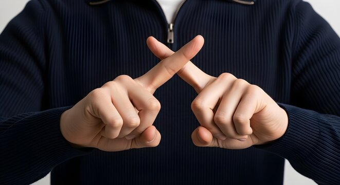 Close-up of a person's hands forming an X with their index fingers, conveying a symbol of negation or prohibition