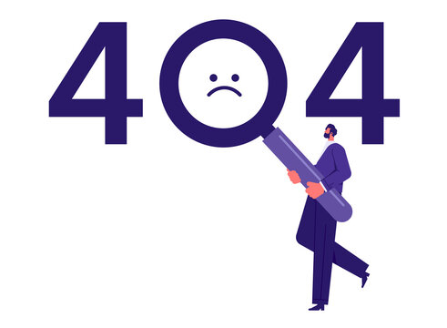 Concept 404 Error Page or File not found for web page, man looking at website message through magnifying glass and question marks