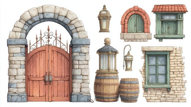 Medieval stone gate windows barrels lanterns rustic architectural elements