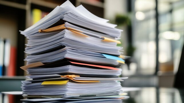 Large stack of disorganized office paperwork documents on a desk