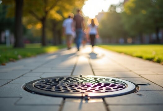 Manhole cover on a paved walkway with blurred pedestrians walking in a park during sunset, trees lining the path and warm sunlight filtering through leaves