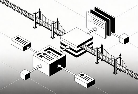Abstract technological framework illustrating data flow connections between structured information blocks and bridging elements depicting connectivity and efficiency in digital architecture
