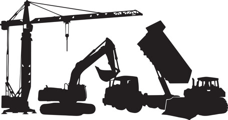 Set of 4 Black Construction Heavy Machinery Silhouettes Vector © Nazia