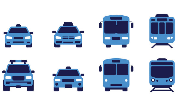 Blue public transportation vehicle icon set featuring cars taxis buses and trains for travel navigation and map interface design