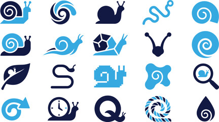 Collection of snail icons illustrating movement speed and abstract spiral shapes. © ParvejBD