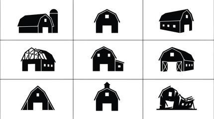 Minimalist barn icon set, 9 black farm building silhouettes, rustic agricultural shed vector collection, traditional countryside architecture symbols © Insa Batool